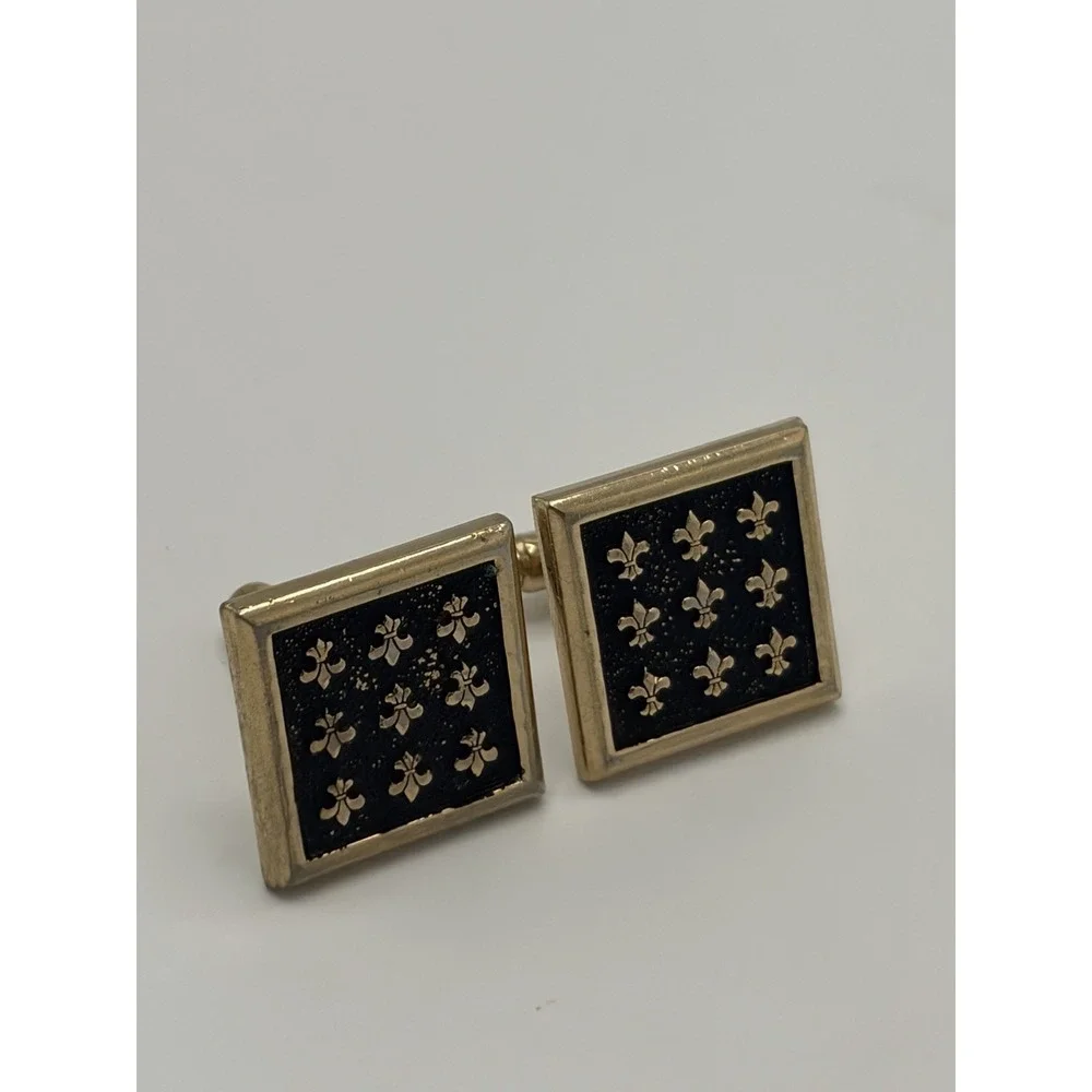 Vintage MCM Square Cufflinks fleur-de-lis Face‎ Gold Black - Diamond Star Mark